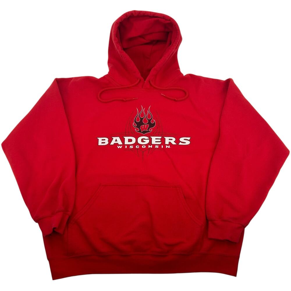 VTG y2k Men's Gildan UW Madison Wisconsin Badgers Flames Hoodie Sweatshirt Sz L